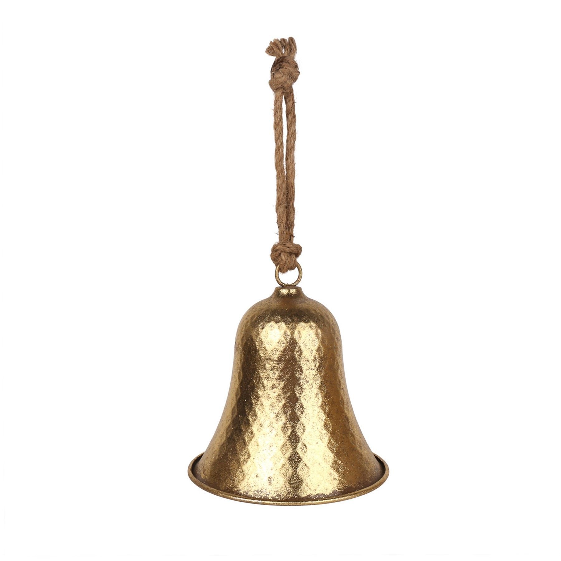 Metal Hanging Bell on Rope -  Embossed Gold -  Dia18 .5 x H20cm