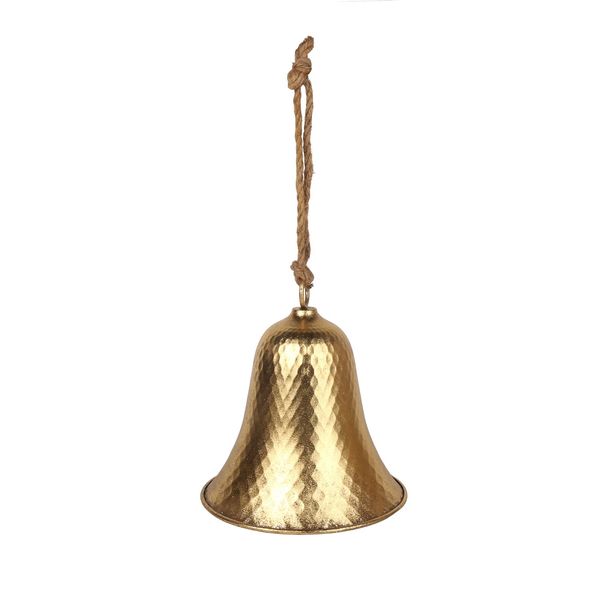 Metal Hanging Bell on Rope -  Embossed Gold -  Dia22 x H24cm