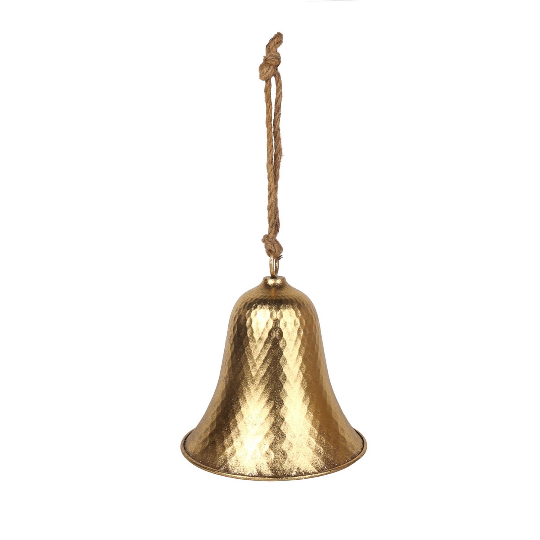 Metal Hanging Bell on Rope -  Embossed Gold -  Dia22 x H24cm