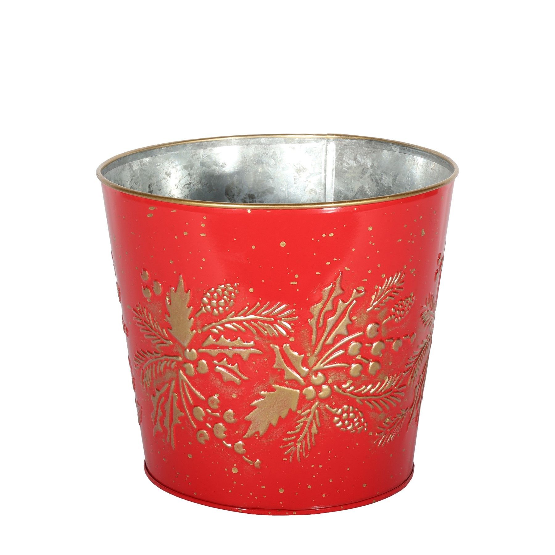 Metal Planter - Gold Holly Print -  Red - Dia23 x H21cm 