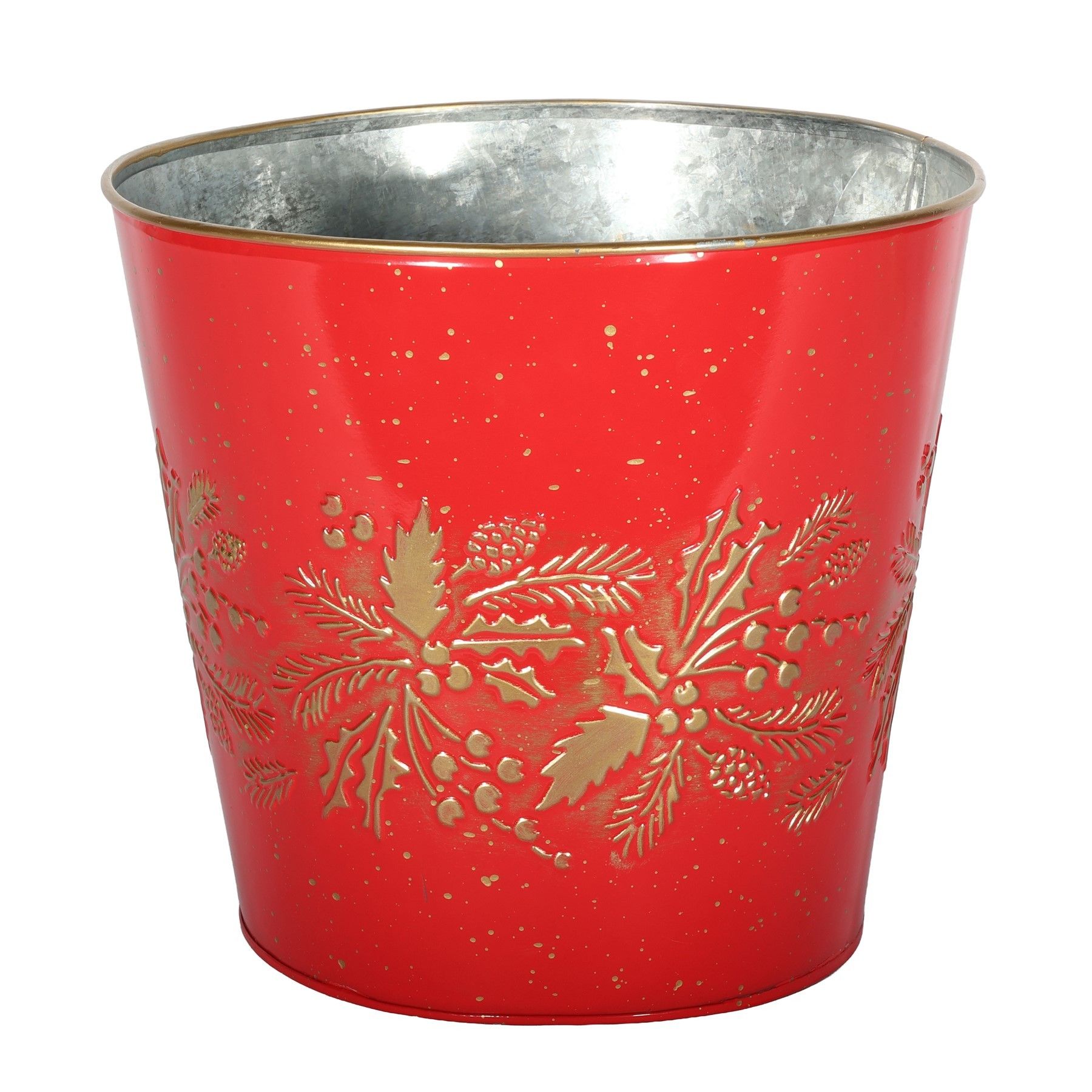 Metal Planter - Gold Holly Print -  Red - Dia19 x H16cm 