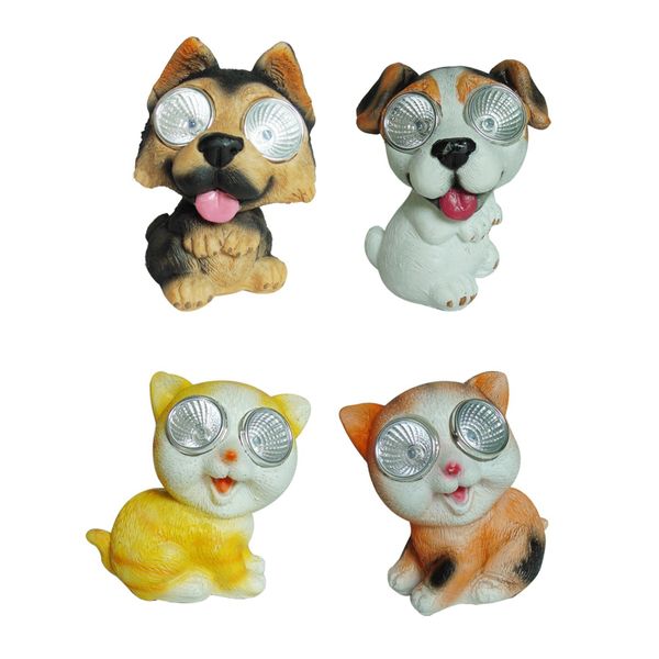 Animal Ornaments with Solar eyes 11cm  4 Assorted. 2 x cats 2 x dogs