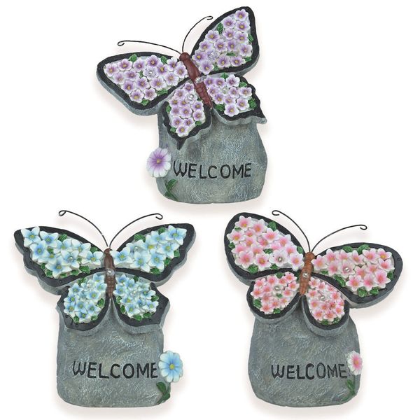 3 Asstd Butterflies on Rock with Solar Light H18cm. Pink, Blue or Purple