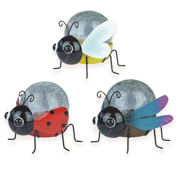 3 Asstd Crackled Glass Solar ornaments H14.5cm. Ladybird, Dragonfly or Bee