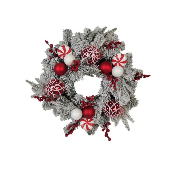 Snowy Wreath with Berries and Red/White Baubles 24"