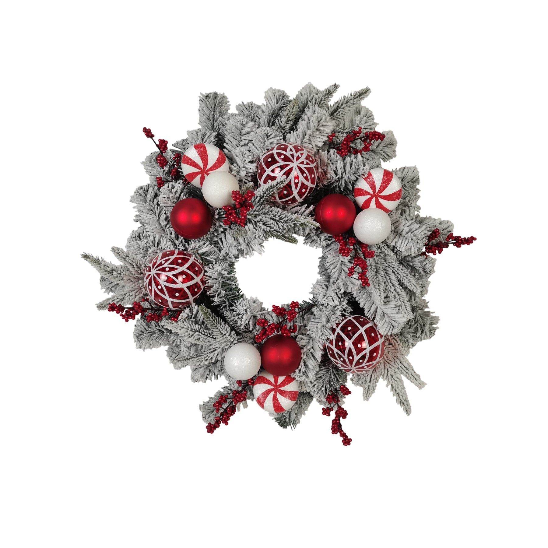 Snowy Wreath with Berries and Red/White Baubles 24"
