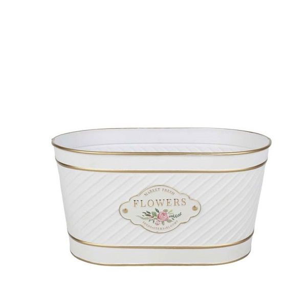 White Flowers Badge Oval Zinc Planter