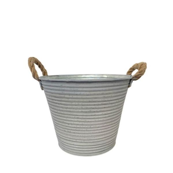 Grey Antique Ribbed Zinc Pot with Rope Handles