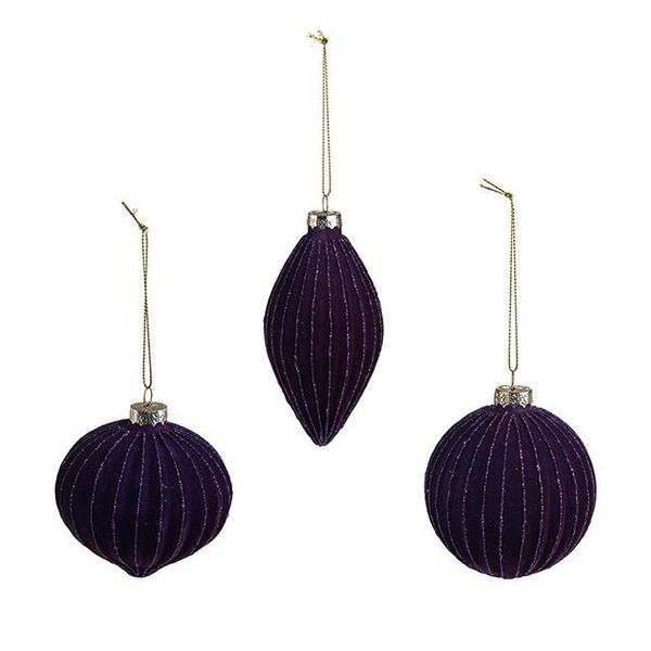 Bauble Glass Flocked Purple 3Ast