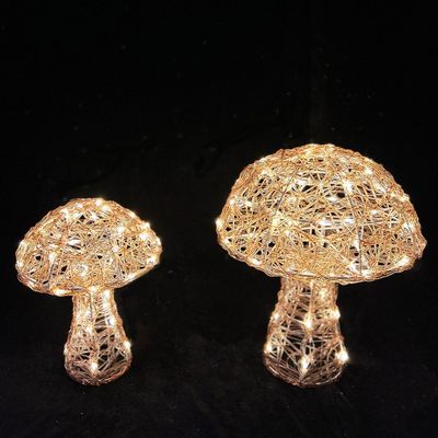 Mushrooms set of 2 Gold warm wht LED H40cm & H30cm mains powered weatherproof 
