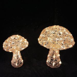 Mushrooms set of 2 Gold warm wht LED H40cm & H30cm mains powered weatherproof 