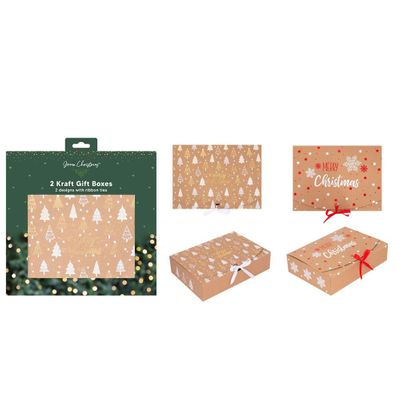 Pack of 2 Christmas Kraft Gift Boxes with Ribbon Tie (2 Designs)