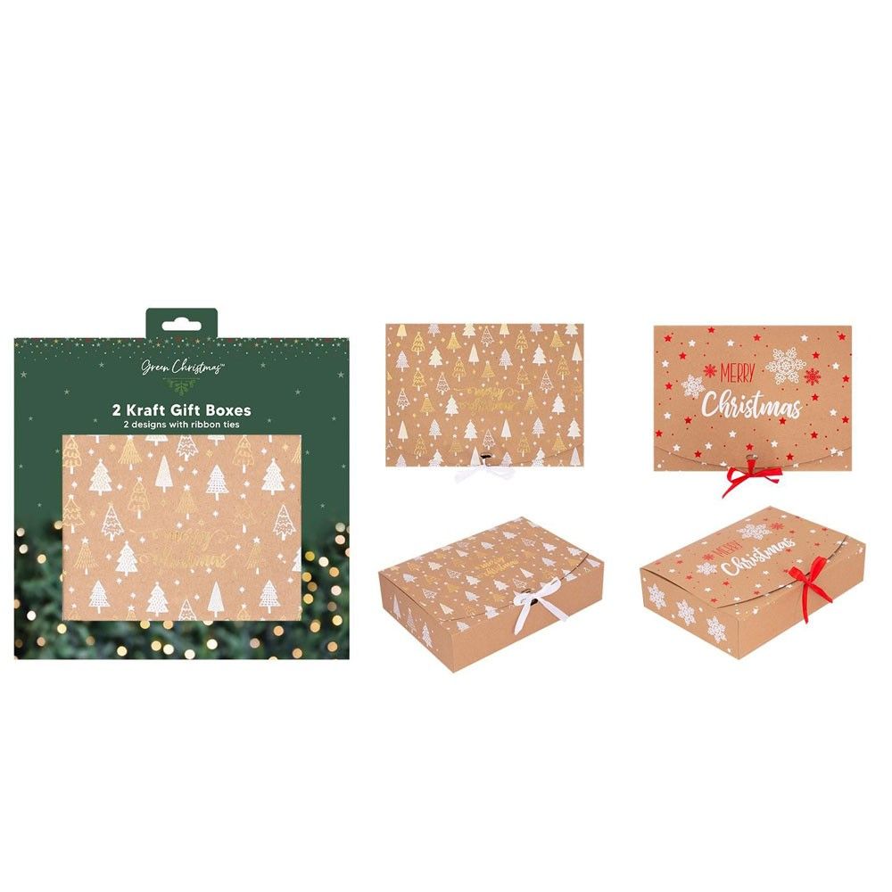 Pack of 2 Christmas Kraft Gift Boxes with Ribbon Tie (2 Designs)