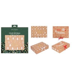 Pack of 2 Christmas Kraft Gift Boxes with Ribbon Tie (2 Designs)