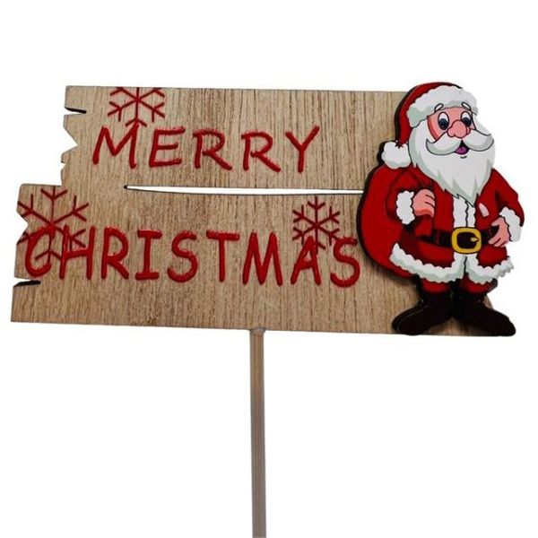 Merry Christmas Wooden Santa Pick with Snowflakes