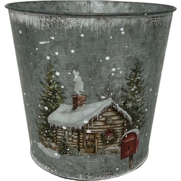 Snowy Christmas Cottage Silver Zinc Pot (13.4cm H)