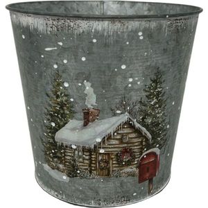 Snowy Christmas Cottage Silver Zinc Pot (13.4cm H)