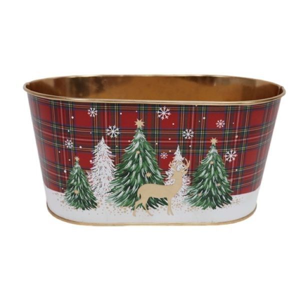 Christmas Trees & Reindeer Tartan Zinc Oval Planter