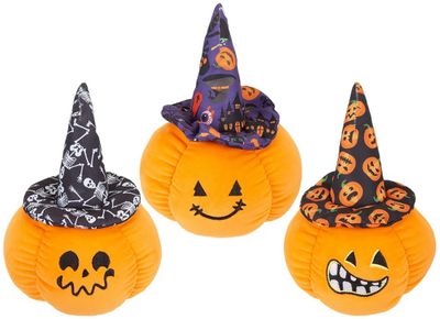 15Cm Plush Pumpkin With Face   And Witches Hat 3 Asstd       