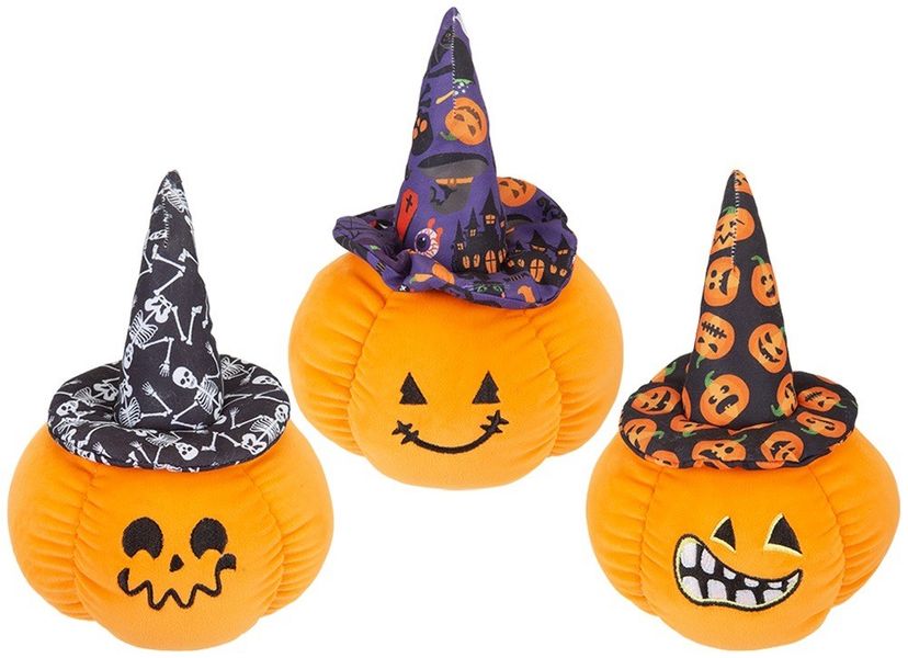 15Cm Plush Pumpkin With Face   And Witches Hat 3 Asstd       