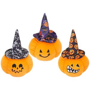 15Cm Plush Pumpkin With Face   And Witches Hat 3 Asstd       