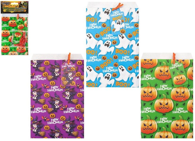 Pk Of 10 Mini Paper Halloween  Treat Bags W/Pegs & Tags 3Asst
