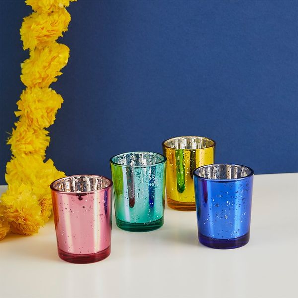 Pack of 12 Bright Coloured Glass Candle Holders