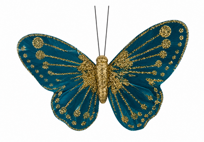 Blue Feather & Glitter Butterfly 8cm x 11.5cm w/clip/ Pk 12