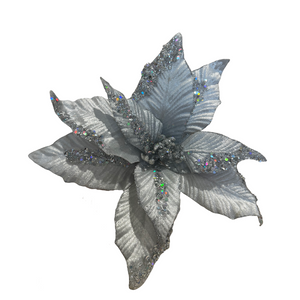 28cm Velvet Poinsettia Pick Silver