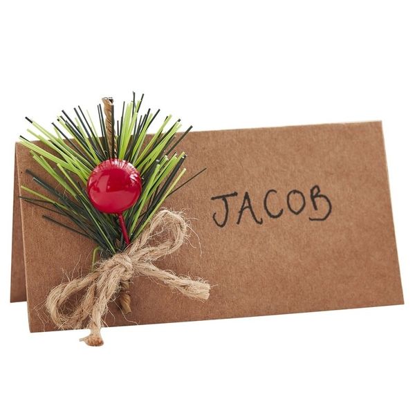 CHRISTMAS KRAFT PLACE CARDS WITH FOLIAGE - LET IT SNOW