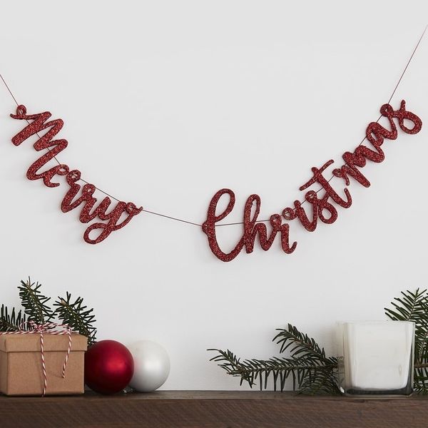 RED GLITTER MERRY CHRISTMAS WOODEN BUNTING DECORATION - SILLY SANTA