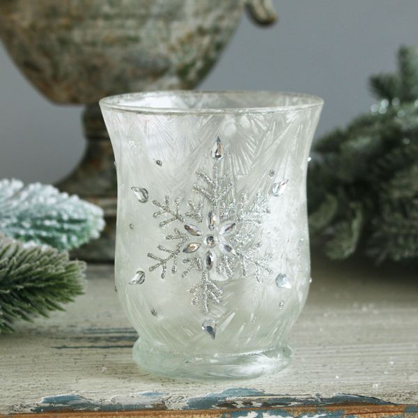 9x11cm Glass Votive W/Snowflake