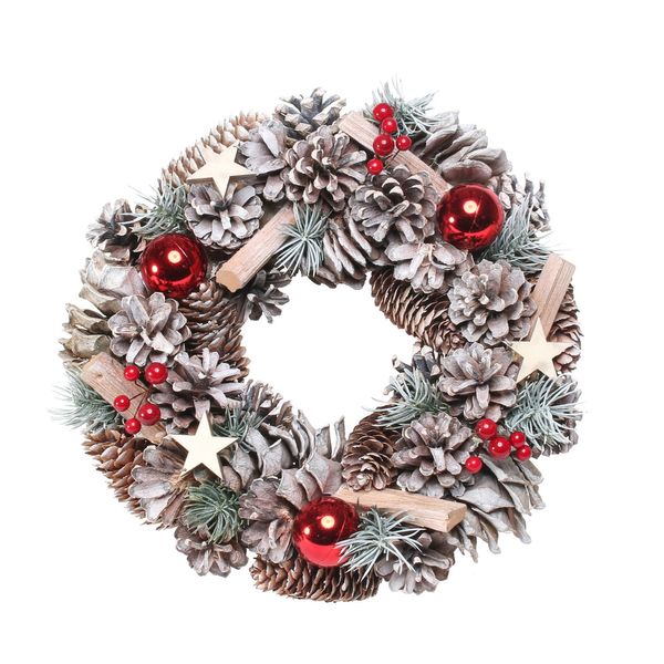 Woodland Snow Wreath w/Red Baubles (30cm)