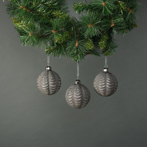 Naida 8cm Glass Frill Bauble Pewter & Silver (S/4)