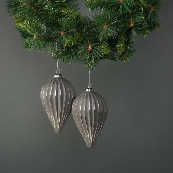 Naida Glass Large Drop Bauble Pewter & Silver (S/4)