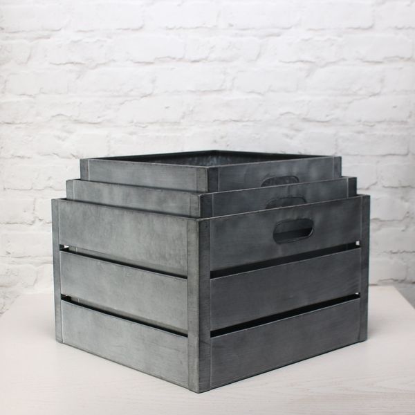 Zinc Antique Grey Whitewash Square Crate Set of 3 - Large