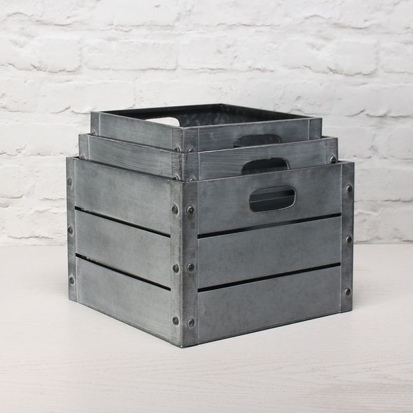Zinc Antique Grey Whitewash Square Crate Set of 3 - Small