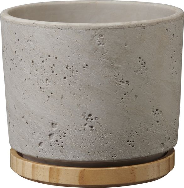Paros Deluxe Ceramic Pot Light Grey / Wood (W14 x H13cm)