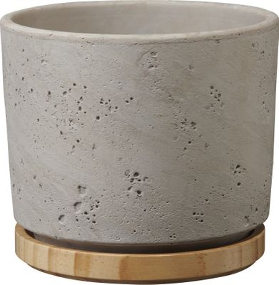 Paros Deluxe Ceramic Pot Light Grey / Wood (W19 x H17cm)
