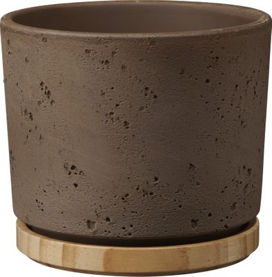 Paros Deluxe Ceramic Pot Sand Grey / Wood (W16 x H14cm)