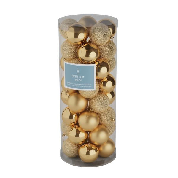 Gold 8cm Plastic Ball in tube (matt,shiny,glitter) x 40