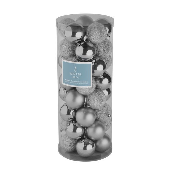 Silver 8cm Plastic Ball in tube (matt,shiny,glitter) x 40