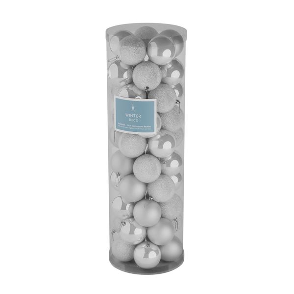White 10cm Plastic Ball in tube (matt,shiny,glitter) x 50