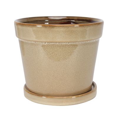 Painted TC Pot with Saucer Light Brown -Stoneware (15x13cm)