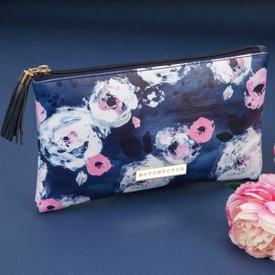 Swan Lake Blue Floral Leatherette Cosmetic Bag