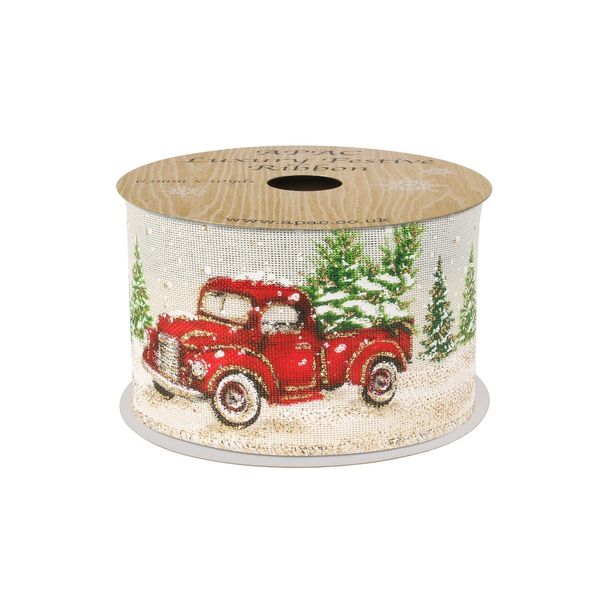 Cream Gold Red pick up truck with presents Ribbon 63mm x 10yds