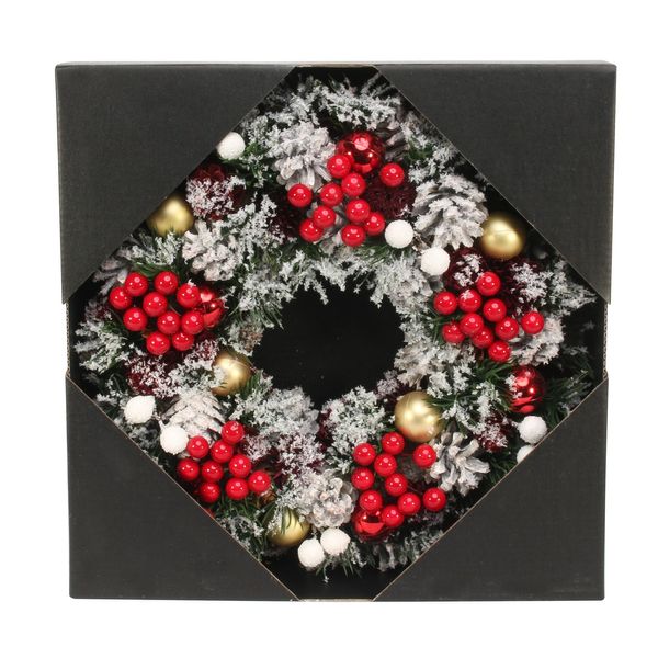 30cm Snowy Gold Bauble / Red Berry wreath