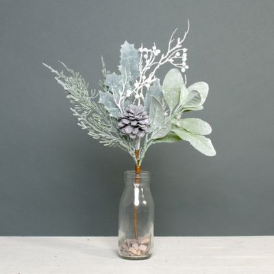 Lambs ear, Holly, Cone, and White Berry Flocked Spray 36cm