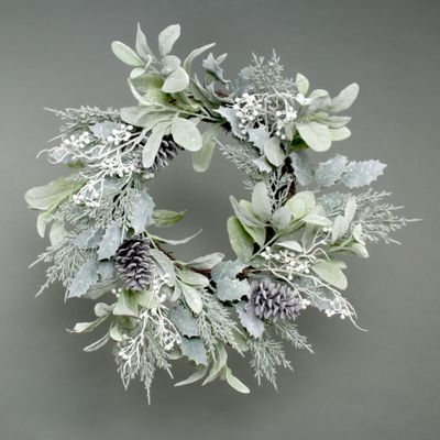 Lambs ear, Holly, Cone, and White Berry flocked wreath 60cm 