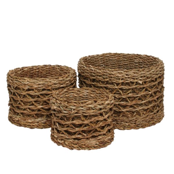 Set of 3 Round Natural Seagrass Baskets w/Liner